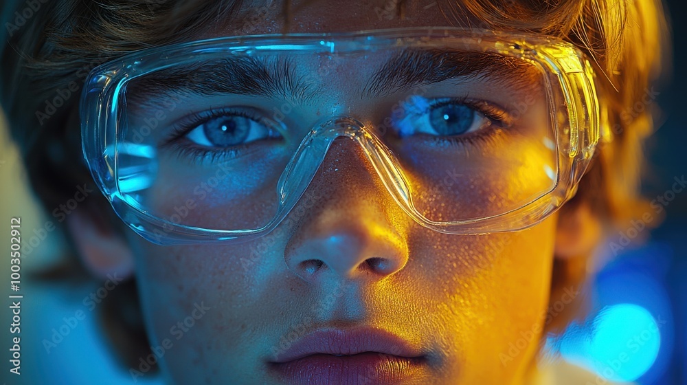 Young scientist wearing safety glasses in a lab setting with vibrant lighting during an experiment focused on innovation and discovery Young scientist wearing safety glasses in a lab setting with vibrant lighting during an experiment focused on innovation and discovery