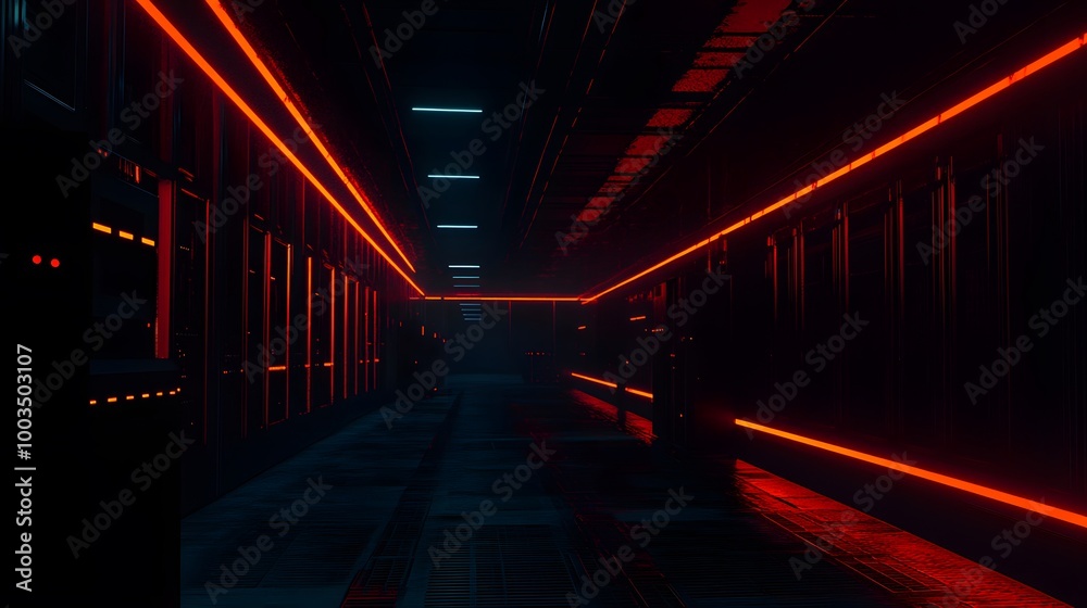 Fototapeta premium Red Neon Lights in Dark Corridor
