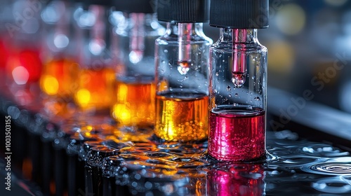 Colorful laboratory vials filled with various liquids arranged neatly on a reflective surface during a scientific experiment