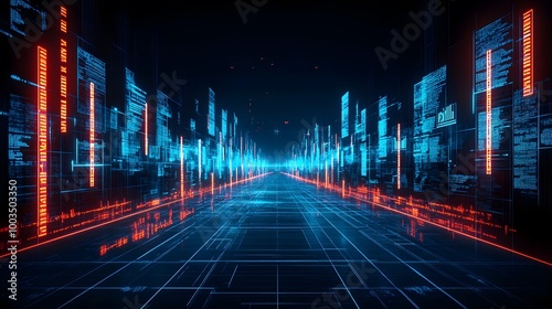 Futuristic Digital Cityscape with Red and Blue Neon Lights