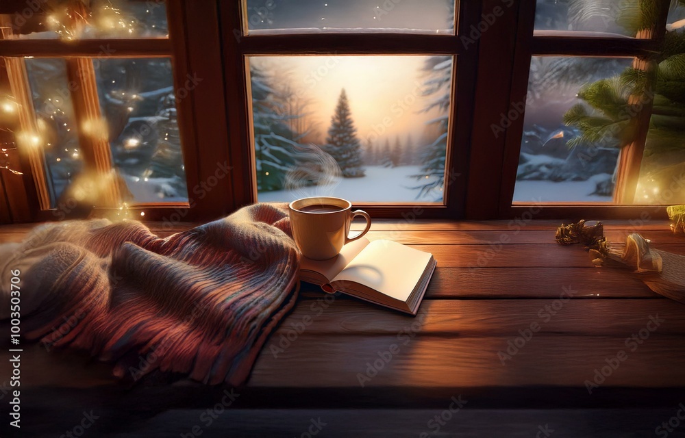 Fototapeta premium A cozy scene with a mug of steaming beverage, a blanket, and a book on a windowsill overlooking a snowy forest at sunset.