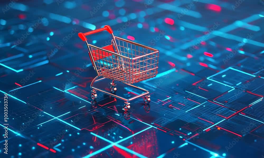 Shopping cart on a digital background in the form of a printed circuit board. the concept of e-commerce and online shopping