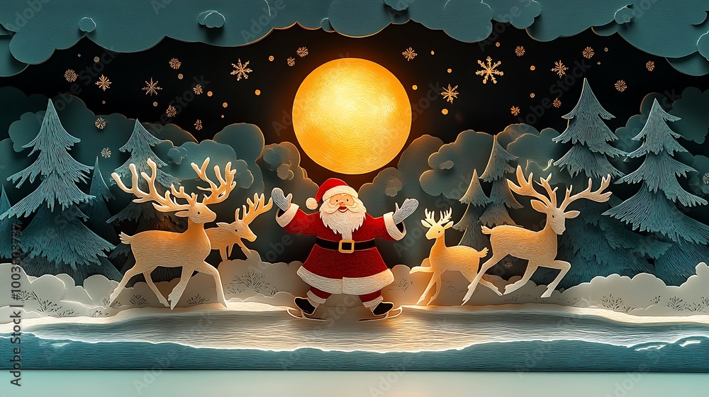 Naklejka premium Santa Claus and reindeer joyfully ice skating in a whimsical paper-cut style, moonlight reflecting off the frozen pond, delicate snowflakes falling,