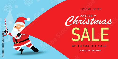Santa Claus with a huge bag on the run to delivery christmas gifts at snow fall.Merry Christmas sale text
