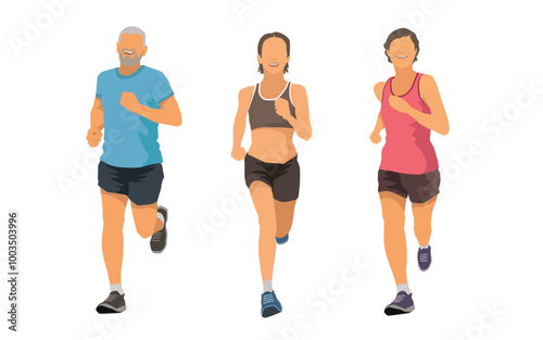Mature man and two woman jogging on the street. both are dressed in athletic attire suitable for running. group people exercise for healthy concept.