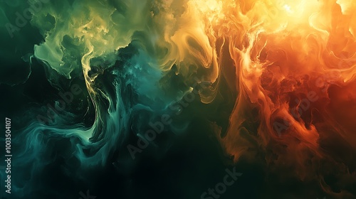 Abstract painting with green and orange hues and swirls in a dark background.