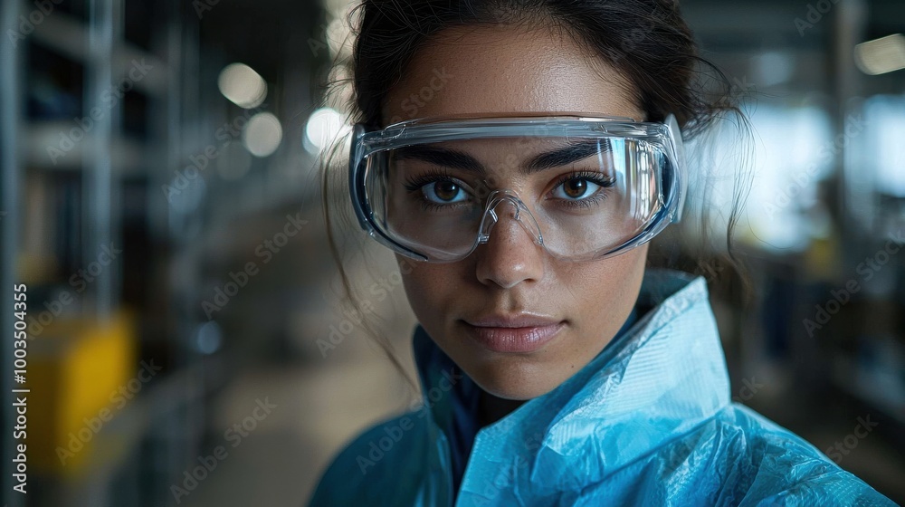 Young woman wearing safety goggles and protective gear stands in an industrial workspace during daylight hours Young woman wearing safety goggles and protective gear stands in an industrial workspace during daylight hours