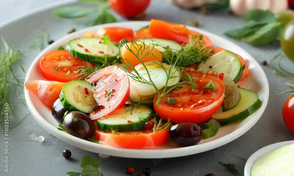 Vegetable salad of tomatoes cucumbers and onions with herbs Vegetable salad of tomatoes cucumbers and onions with herbs