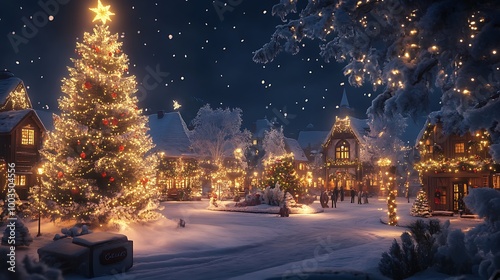 Wallpaper Mural A snowy night scene with a large Christmas tree illuminated with lights and ornaments, and a quaint village in the background.  Torontodigital.ca