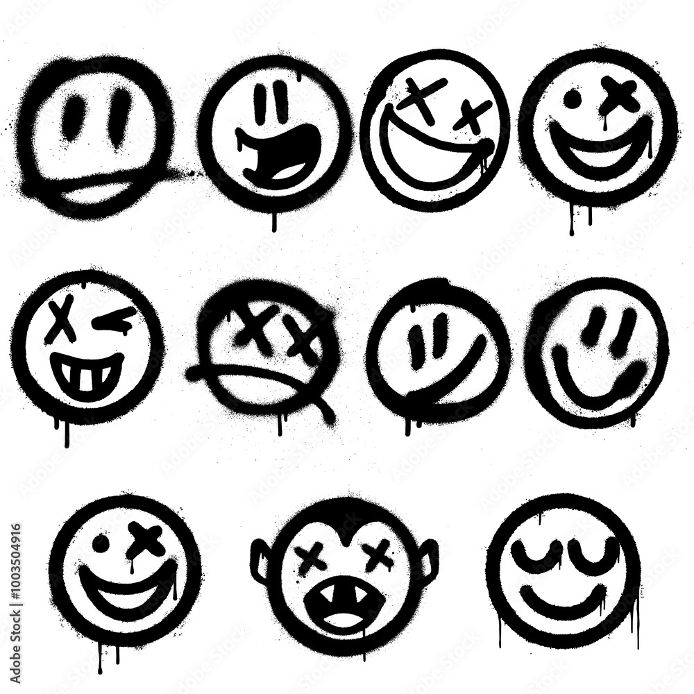 Black and White Graffiti Smile Face Vector Illustration Set. Hand Drawn Ink Pencil Sketch on White Background. Halloween Spray Paint Emoji Icon Design. Black and White Graffiti Smile Face Vector Illustration Set. Hand Drawn Ink Pencil Sketch on White Background. Halloween Spray Paint Emoji Icon Design.