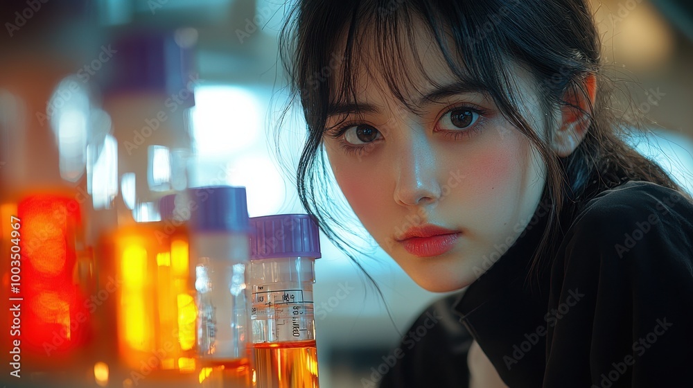 A young researcher in a lab examines colorful test tubes filled with liquids during a study in the evening light A young researcher in a lab examines colorful test tubes filled with liquids during a study in the evening light