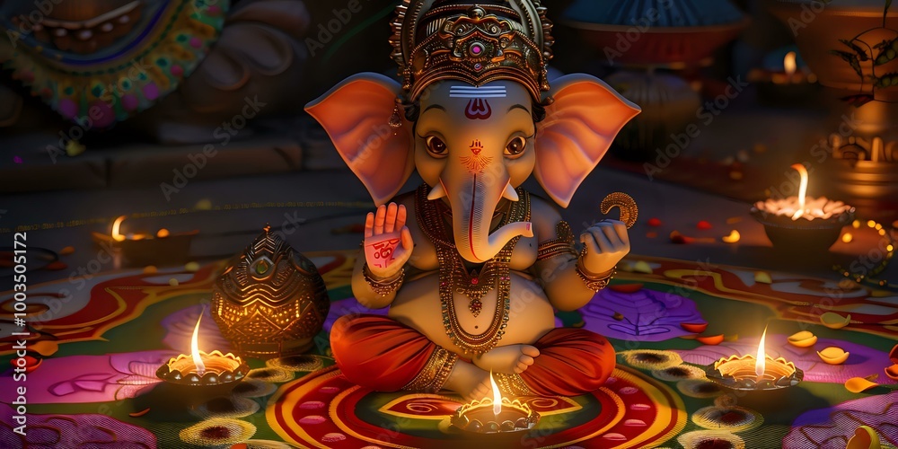 Fototapeta premium A serene depiction of Lord Ganesha surrounded by candles and decorative elements.