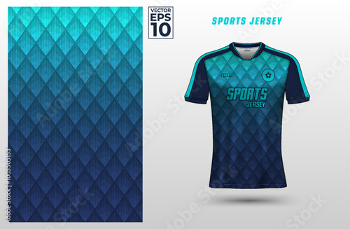 Gradient blue t-shirt sport design template with line halftone pattern for soccer jersey. Sport uniform in front view. Tshirt mock up for sport club. Vector Illustration
