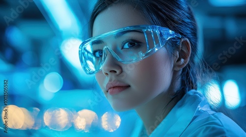 A young scientist wearing safety goggles in a modern laboratory illuminated by blue lights