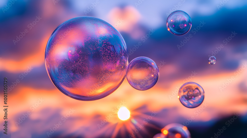 Capture the sunset reflected in the floating soap bubbles, creating a playful yet artistic vibe Capture the sunset reflected in the floating soap bubbles, creating a playful yet artistic vibe