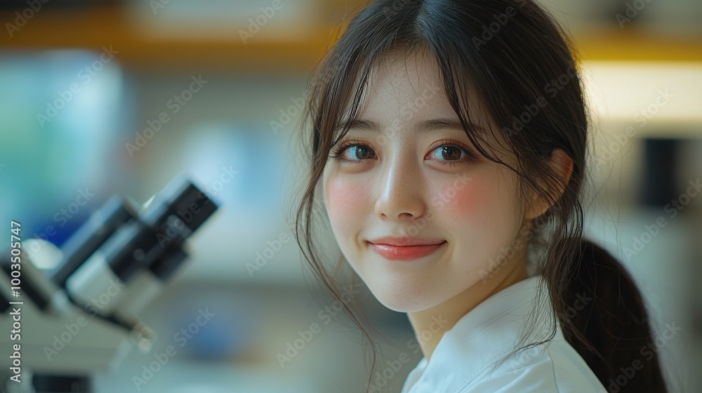 A young woman smiles while working at a microscope in a modern laboratory during daylight hours, showcasing her enthusiasm for science and research
