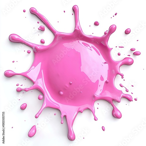Pink paint splash with droplets on white background, Vivid pink paint splash with scattered droplets on a white background, showcasing vibrant color and dynamic liquid movement.

