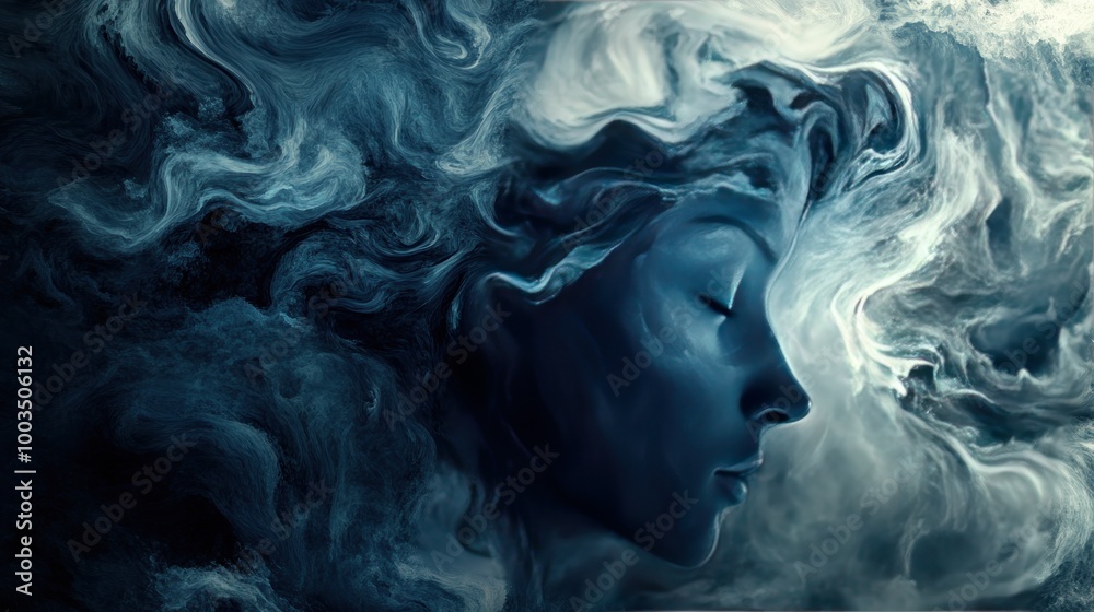 A surreal depiction of a woman's profile intertwined with swirling clouds. A surreal depiction of a woman's profile intertwined with swirling clouds.