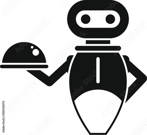 Robot waiter holding covered tray serving food icon in glyph style