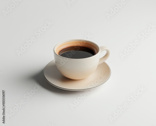 Top view of a cup of coffee on a white saucer on a white background.