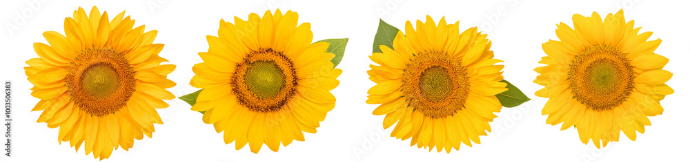 Bright sunflowers arranged elegantly on a white isolated background.