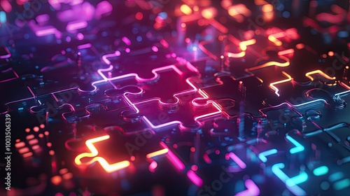 Glowing neon puzzle pieces combining on a high-tech platform, symbolizing API integration for seamless data flow