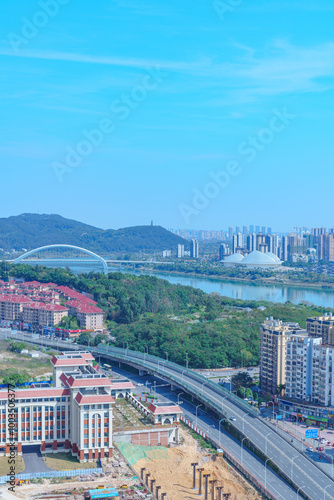 Urban residential buildings and river bridges