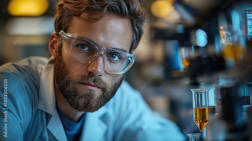 A focused scientist in a laboratory examines a sample while wearing protective gear, demonstrating research during the evening A focused scientist in a laboratory examines a sample while wearing protective gear, demonstrating research during the evening