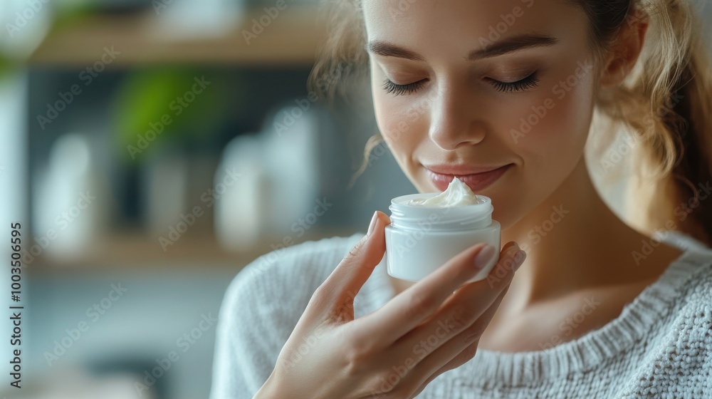 Woman Enjoying Moisturizer in Cozy Indoor Setting Woman Enjoying Moisturizer in Cozy Indoor Setting