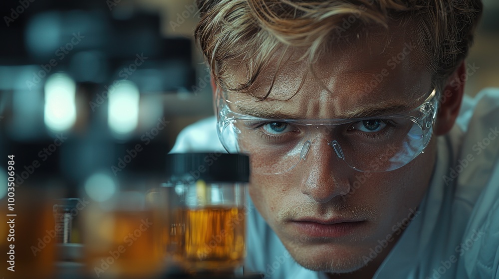 Young scientist focusing intently on experiment involving glass vials in a laboratory setting during a scientific research session Young scientist focusing intently on experiment involving glass vials in a laboratory setting during a scientific research session