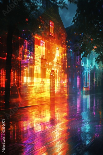 A rain-soaked city street at night, glowing with neon light reflections.