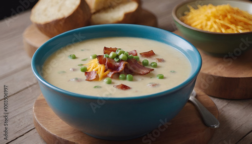 bowl of loaded potato soup with bacon, green onion and cheddar photo