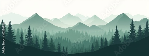 A misty, green mountain range with a forest of pine trees in the foreground.