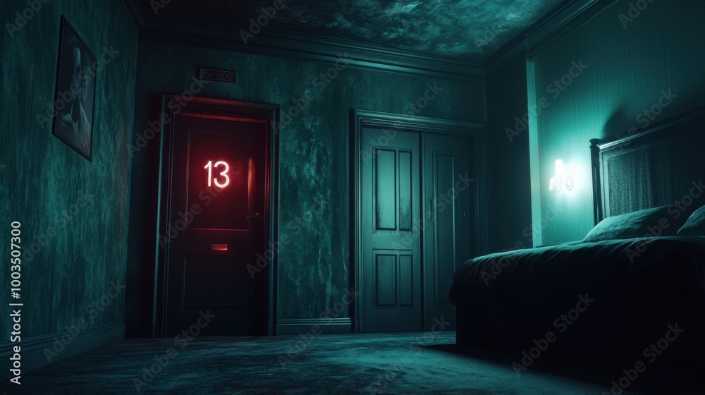 A haunted hotel room with the number 13 on the door, illuminated by flickering lights A haunted hotel room with the number 13 on the door, illuminated by flickering lights