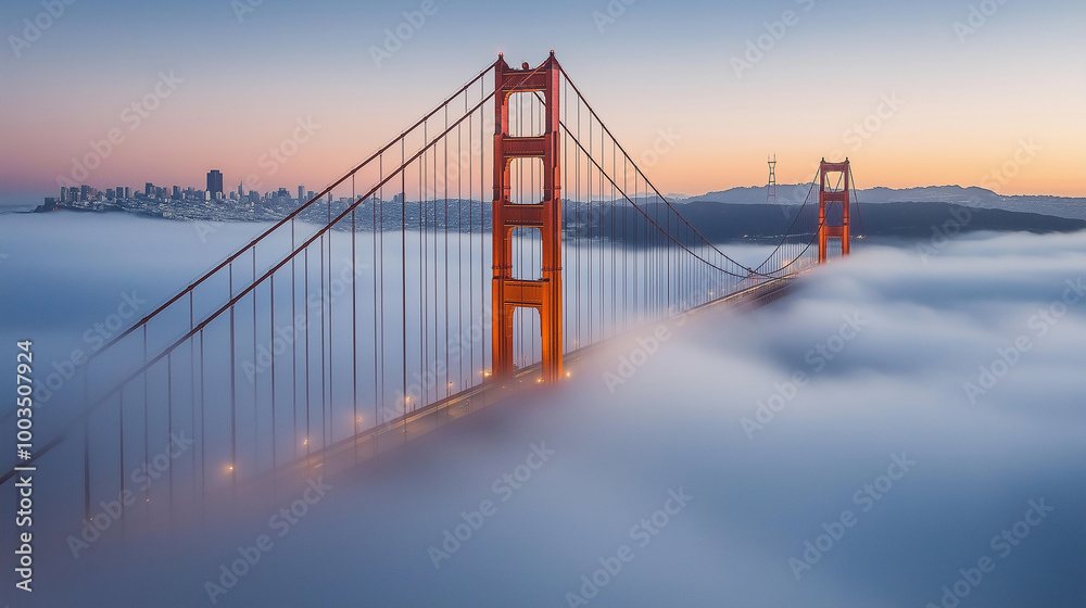 Fototapeta premium The golden gate bridge emerging from a sea of fog at sunset