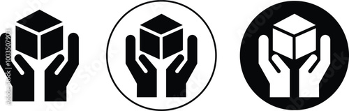 Take care icons Set. Box in hand, delivery symbols. Received icons flat styles. Signs for mobile concept and web designs. Safe box logo inspiration vectors template isolated on transparent background.