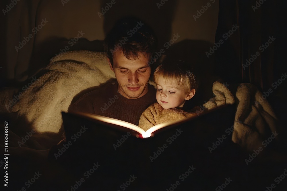 A father reads a bedtime story to his son in bed, illuminated by the glow of the open book. A father reads a bedtime story to his son in bed, illuminated by the glow of the open book.