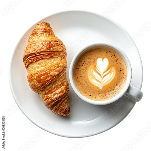 a cup of coffee with croissant on white plate isolated on transparent background
