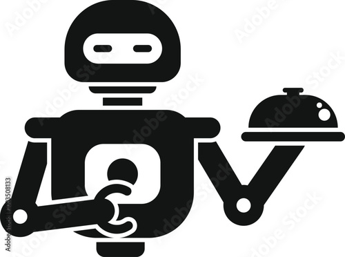 Black and white vector illustration of a robot holding a cloche, perfect for projects related to automation in the food industry