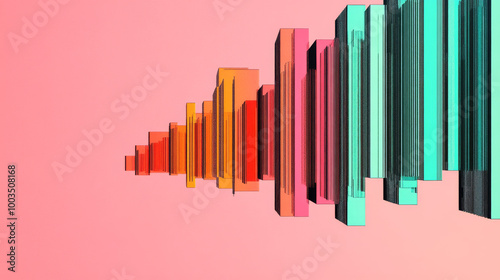 Abstract colorful geometric shapes on a pink background.