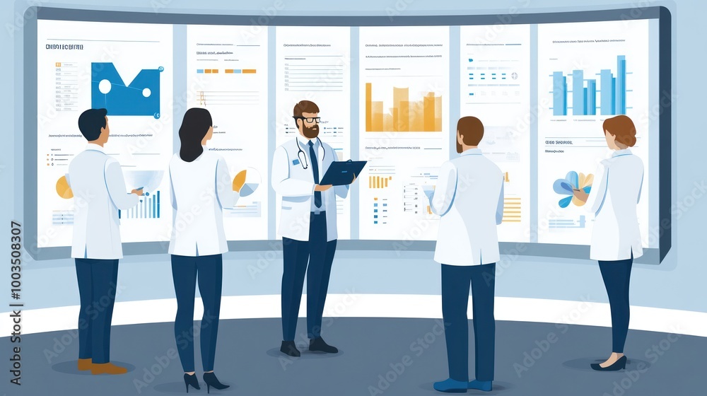 A team of professionals discussing data in a modern presentation setting. A team of professionals discussing data in a modern presentation setting.