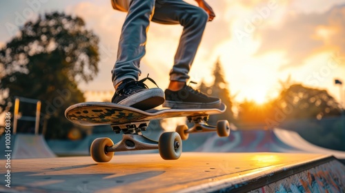 Skateboarder Performing Freestyle Tricks at Urban Skate Park, extreme sport at Sunset