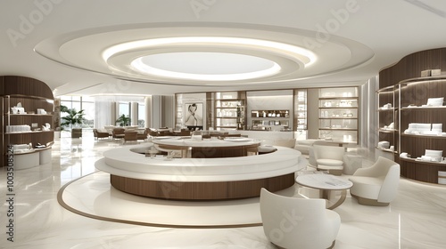 Modern Luxury Reception Area With White Marble Flooring and Round Reception Desk photo