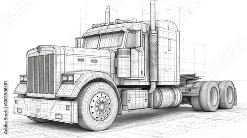 Wireframe model of a big rig semi truck trailer being designed photo