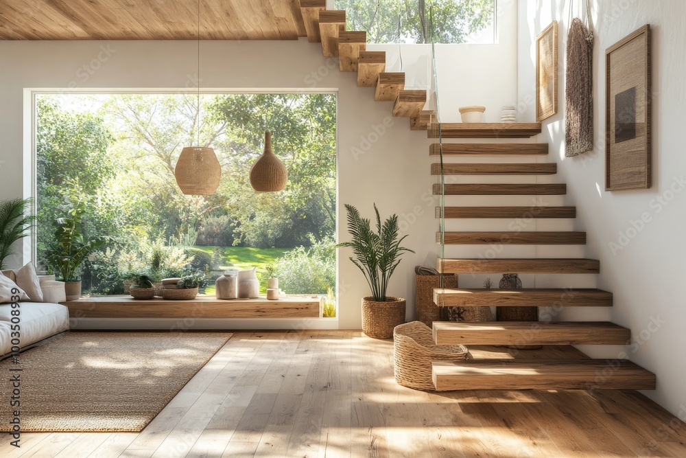 Obraz premium A wooden staircase with a glass railing in a modern living room with large windows and a view of a green garden.