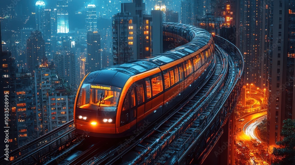 A modern train gliding through a neon-lit urban landscape at night in a bustling city A modern train gliding through a neon-lit urban landscape at night in a bustling city