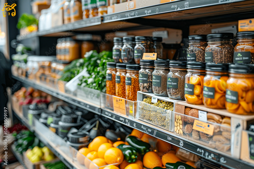 Organic Grocery Store Aisle with Fresh Produce and Packaged Goods