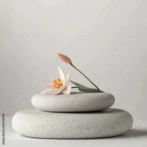 Zen stones with flower on gray background. 3d illustration. Spa and wellness concept photo