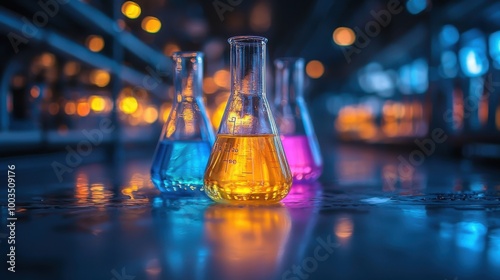 Colorful laboratory beakers filled with vibrant liquids illuminated by ambient light in a science lab