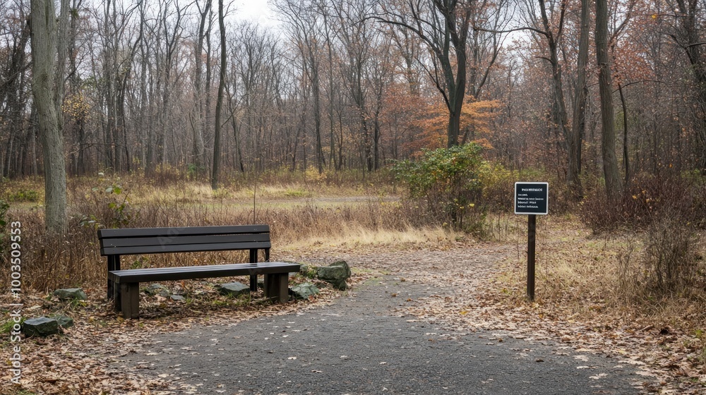 A tranquil park scene with a bench and a sign amidst autumn foliage. A tranquil park scene with a bench and a sign amidst autumn foliage.